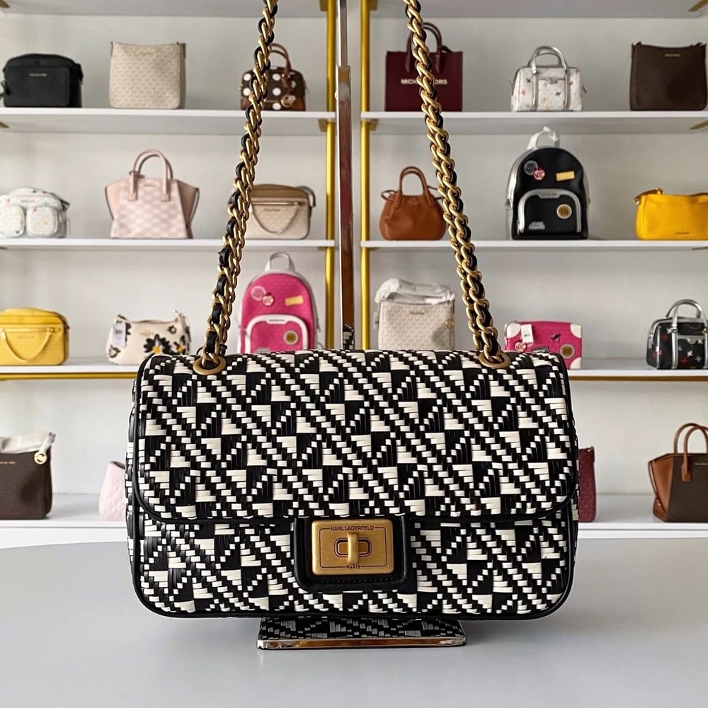 Karl Lagerfeld Black & White Geometric Woven Chain Shoulder Bag - Picture 1 of 9